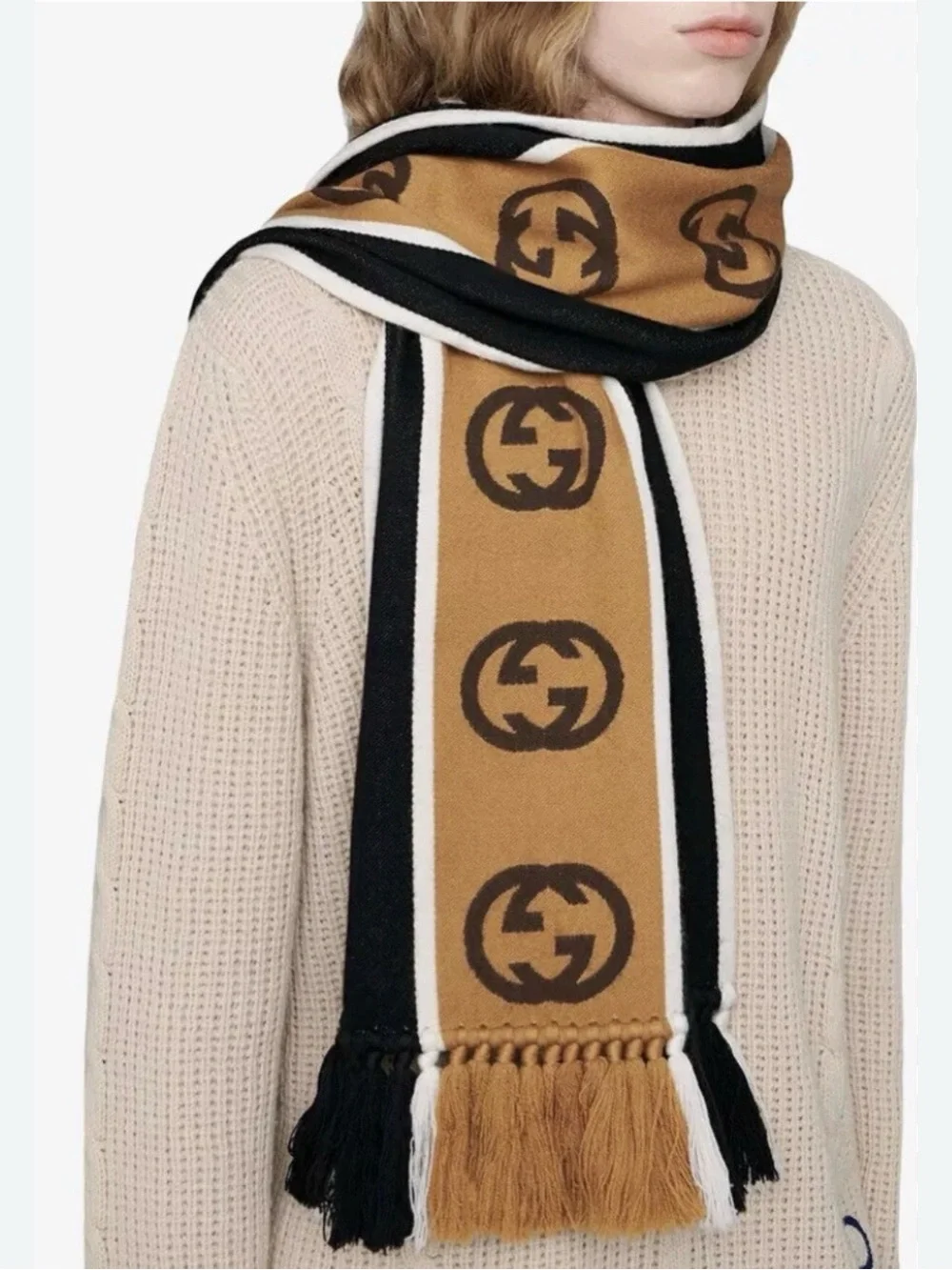 Gucci Tan, Black and White Logo-Stripe Tassel Scarf